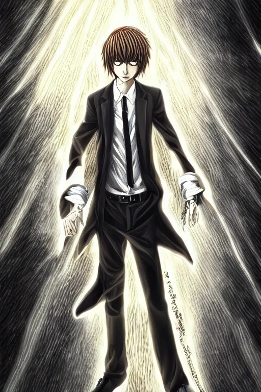 Image similar to light yagami, god of the new world, highly detailed, digital art, sharp focus, trending on art station, death note