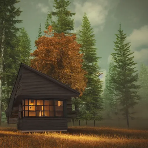 Image similar to a cabin in the woods, octane render