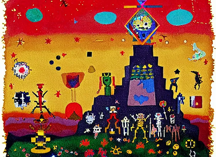 Image similar to pixel decollage painting tarot lovers card composition tower of babel road red armor maggot bear and wonky alien frog skeleton knight on a horse in a dark red cloudy night sky with golden foil jewish stars and diamonds, mountain lake and blossoming field in background, painted by mark rothko, helen frankenthaler, danny fox and hilma af klint, pixelated, naive