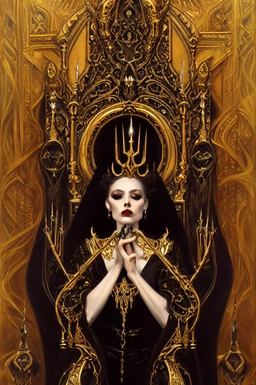 Image similar to perfectly centered portrait of beautiful vampire queen in gold gothic robe sitting on a throne of bones, elegant, ornate, detailed, symmetrical, painting by gaston bussiere, craig mullins, j. c. leyendecker, 8 k, mid shot