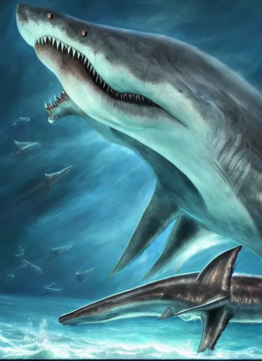 Prompt: a kronosaurus battles a megalodon in the ocean depths, cosmic horror painting, elegant intricate digital painting artstation concept art by mark brooks and brad kunkle detailed