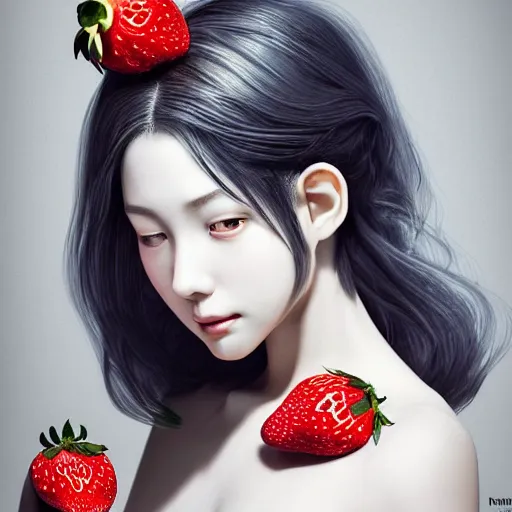 Image similar to the portrait of an absurdly beautiful, graceful, elegant, sophisticated, fashionable young gravure idol made of strawberries and white petals, an ultrafine hyperdetailed illustration by kim jung gi, irakli nadar, intricate linework, bright colors, octopath traveler, final fantasy, unreal engine 5 highly rendered, global illumination, radiant light, detailed and intricate environment