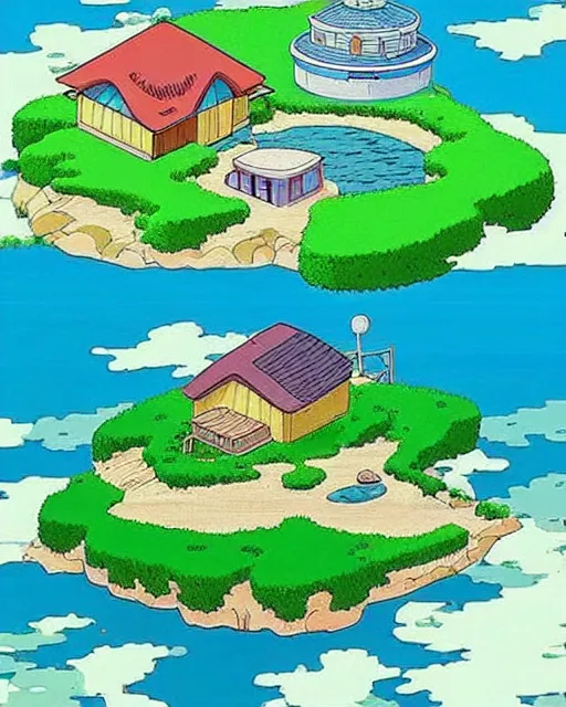 Image similar to kame house is a house on a very small island in the middle of the sea. it is the home of master roshi, and, for much of the dragon ball series, award winning animation by studio ghibli