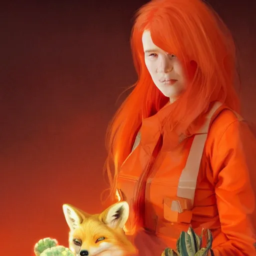 Prompt: A red-haired girl with fox ears and an evil grin in an orange jumpsuit holds a cactus artwork of a single character, highly detailed, digital painting, artstation, smooth, sharp focus, illustration, art by artgerm and greg rutkowski and alphonse mucha