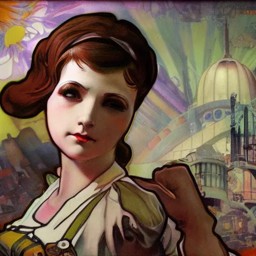 Image similar to realistic little sister of bioshock painted by alfons mucha sharp focus high details 8 k