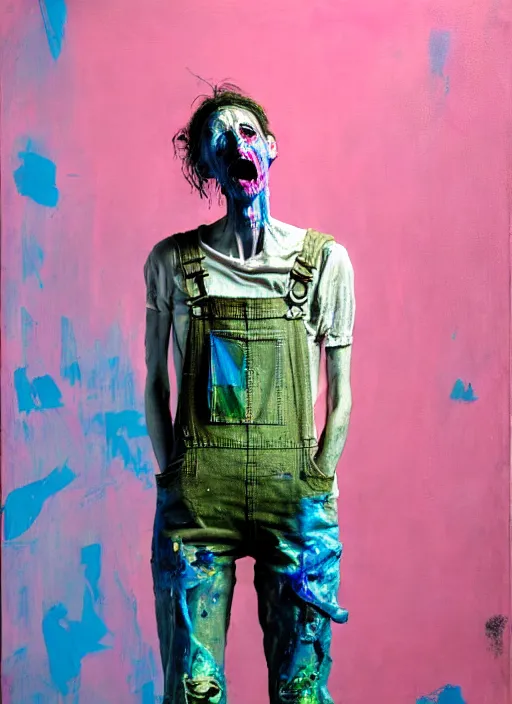 Image similar to an insane, skinny, artist wearing dirty, torn overalls, expressive painting the walls inside a grand messy studio, depth of field, hauntingly surreal, highly detailed by francis bacon, edward hopper, and glenn brown, soft light 4 k in pink, green and blue colour palette, cinematic composition, high quality octane render,