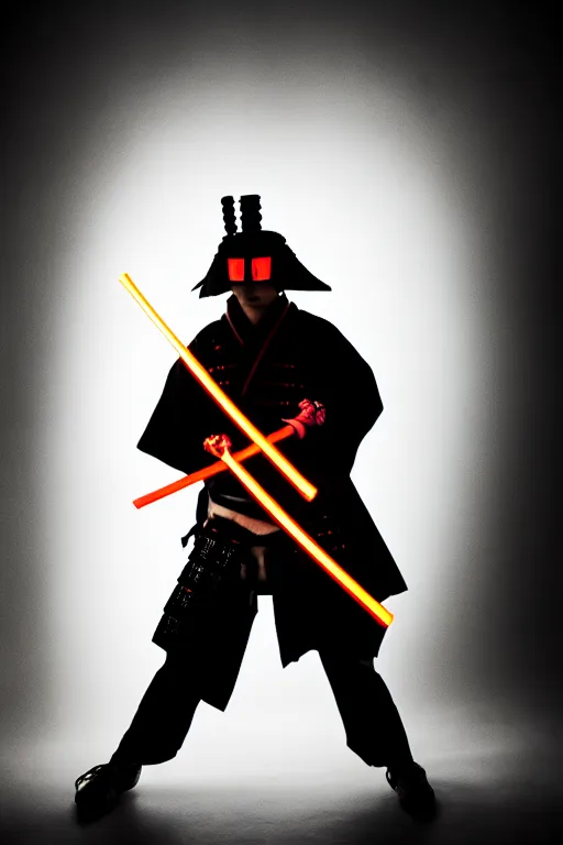 Image similar to slow shutter speed photo of a cyberpunk samurai with neon katana, fusion lamps