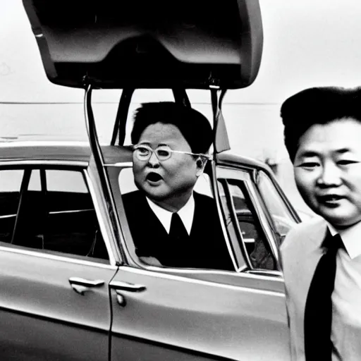 Image similar to 1960s press archive of middle-aged Kim Jong-il coming out of a car, face obscured, Reuters, 35mm film, film grain, mysterious exterior, starfish-monster arm crushing car, underexposed