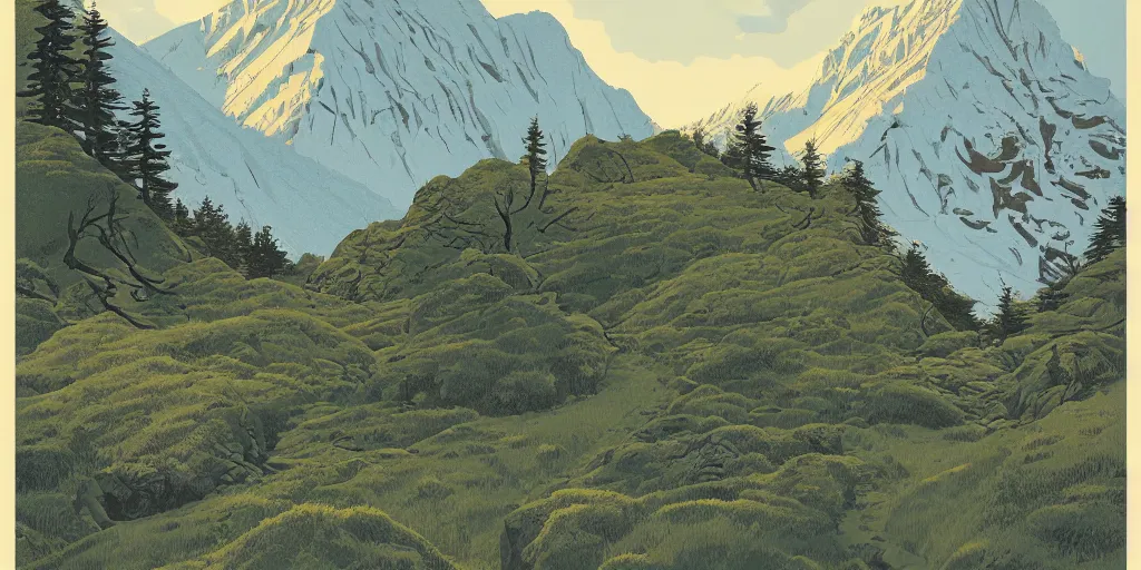 Prompt: beautiful idyllic poster illustration for a craggy snow valley national park, no trees, by ludwig hohlwein