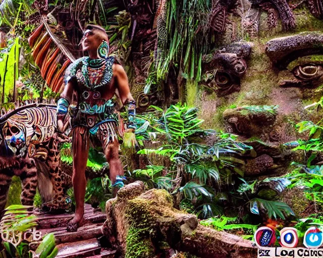 Image similar to mayan jaguar warrior exploring an alien jungle las pozas, 1 9 6 0's sci - fi, lofi technology, deep aesthetic colors, 8 k, highly ornate intricate details, extreme detail,