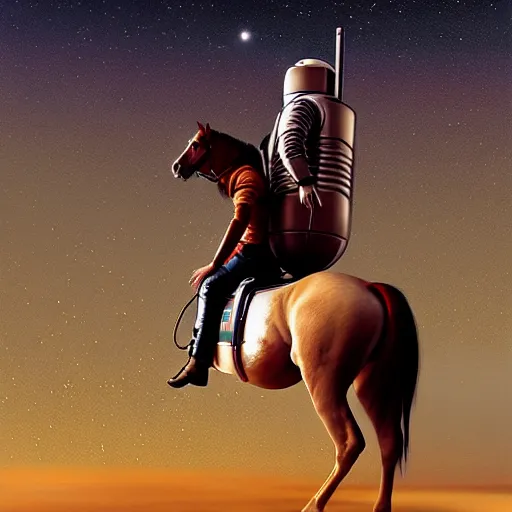 Image similar to a horse on top of a man, the astronaut is carried by the horse, hyperrealism, no blur, 4 k resolution, ultra detailed, style of ron cobb, adolf hiremy - hirschl, syd mead, ismail inceoglu, rene margitte