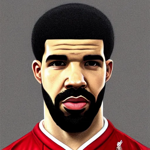 Image similar to portrait of Drake as footballer for Liverpool Football Club, elegant, intricate, headshot, highly detailed, digital painting, artstation, concept art, sharp focus, illustration, art by artgerm and greg rutkowski and alphonse mucha