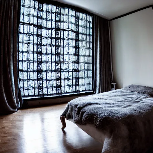 Image similar to very wide angle photograph of a cozy bedroom with a huge window designed by hr giger
