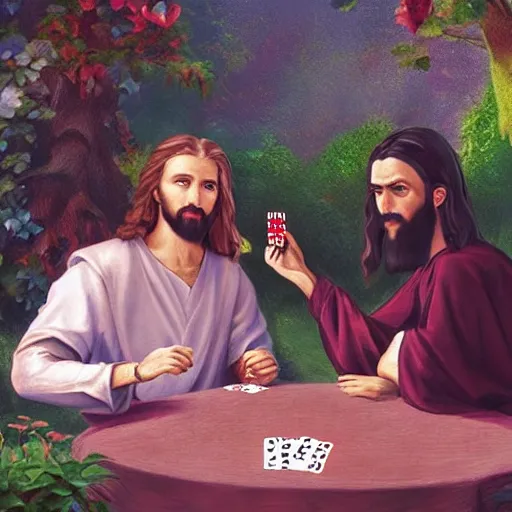 Image similar to Jesus and Satan playing cards in a garden, photorealistic, award winning, 8k, trending on major art outlets,