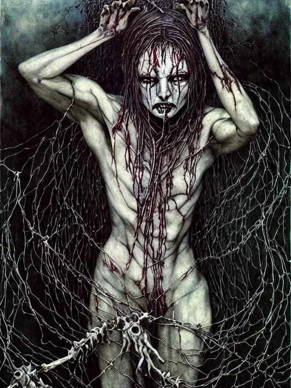 Prompt: A creepy white-linen-dressed horned fanged demon woman with blue scarred skin wrapped in barbed wire. Extremely high detail, realistic, fantasy art, solo, bones, masterpiece, saturated colors, tangled, ripped flesh, art by Zdzisław Beksiński, Arthur Rackham, Dariusz Zawadzki