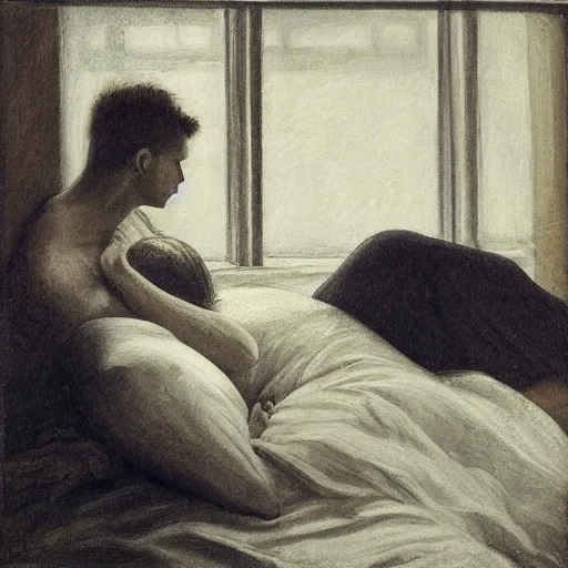 Image similar to a couple in bed next to a window, rainy Sunday, moody