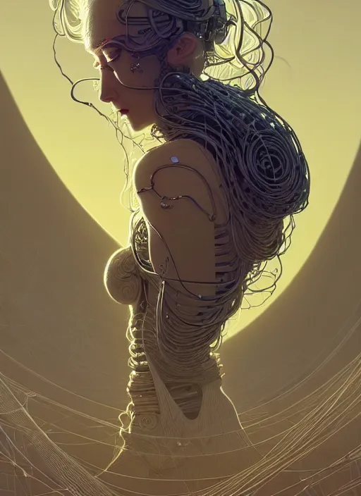 Image similar to highly detailed portrait of a biomechanical long curly white hair tribal lady, stray wiring by atey ghailan, james gilleard, by joe fenton, by greg rutkowski, by greg tocchini, by kaethe butcher, 4 k resolution, gradient yellow, black and white color scheme!!! ( ( dystopian robotic pyramid pouring sandfall background ) )