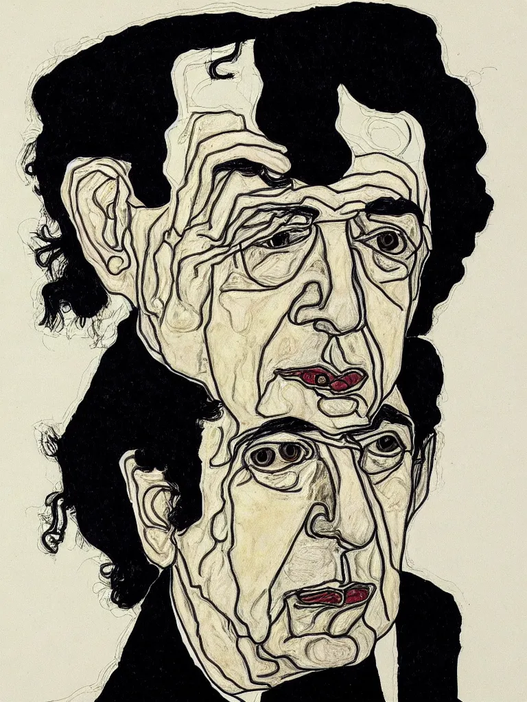 Prompt: a detailed line art portrait of writer leonard cohen, inspired by the work of egon schiele.