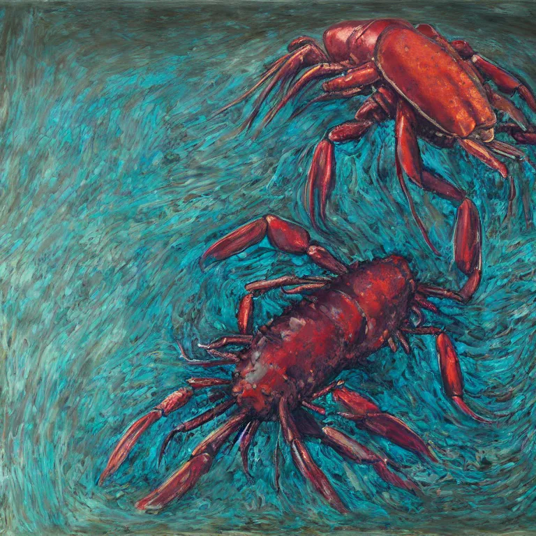 Prompt: Hyperrealistic intensely colored Studio wet collodion Photograph portrait of a deep sea Maine Lobster with large claws deep underwater in darkness long exposure, award-winning nature deep sea expressionistic impasto heavy brushstrokes oil painting by Fabian Marcaccio and Jean Dubuffet and Audubon vivid colors hyperrealism 8k