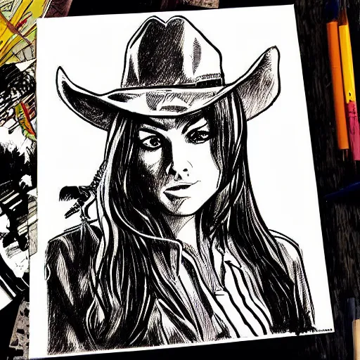 Image similar to “ western comic book artstyle drawing of a beautiful cowgirl outlaw ”