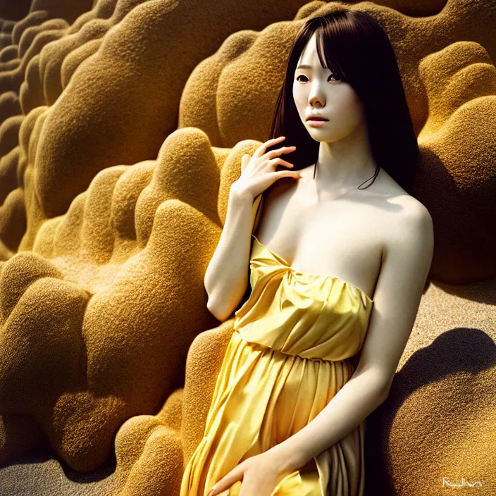 Image similar to Kodak Portra 400, 8K, soft light, volumetric lighting, highly detailed, Rena Nounen style 3/4 ,portrait photo of a Japanese ravishing Goddess by WLOP, the face emerges from a lava flowing gold travertine terraces with lotus flowers, inspired by Ophelia paint , a beautiful chic dress and hair are intricate with highly detailed realistic beautiful flowers , Realistic, Refined, Highly Detailed, ethereal lighting colors scheme, outdoor fine art photography, Hyper realistic, photo realistic, masterpiece