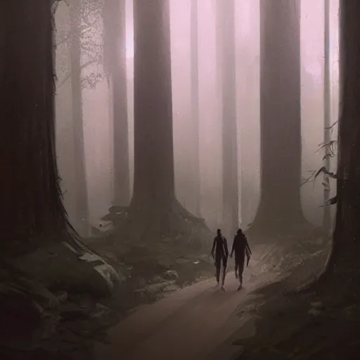 Image similar to concept art by greg rutkowski, a very tall and slender young man walking with a very tall and slender woman through a forest of giant trees, dark atmosphere, surrounded by fireflies, detailed portraits, disturbing atmosphere, scifi, digital painting, artstation, concept art, smooth, sharp foccus ilustration, artstation hq