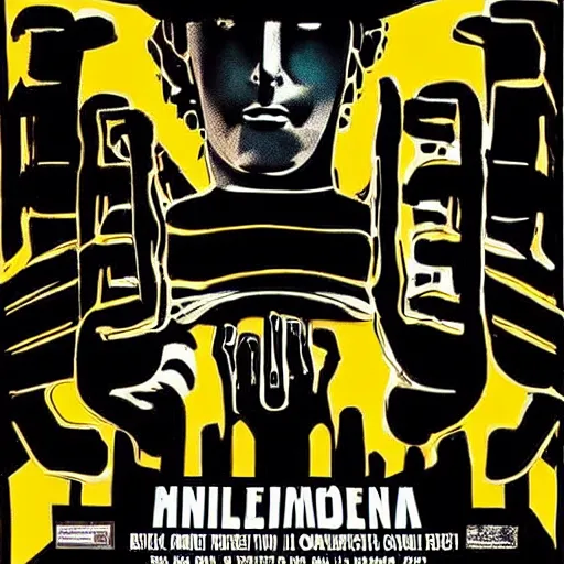 Prompt: Giallo movie poster about the triumph of artificial intelligence over humanity