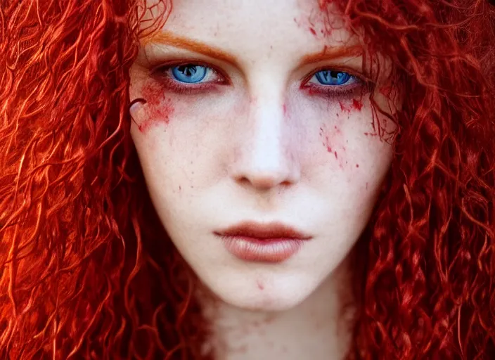 Image similar to award winning 3 5 mm close up face portrait photo of a redhead with blood - red wavy hair and precise intricate irises in a park by luis royo