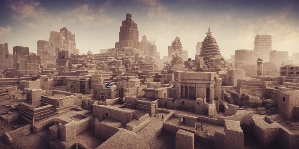 Prompt: ancient urban city view, building, desert, temple, cinematic composition, mist, obscure render light dark