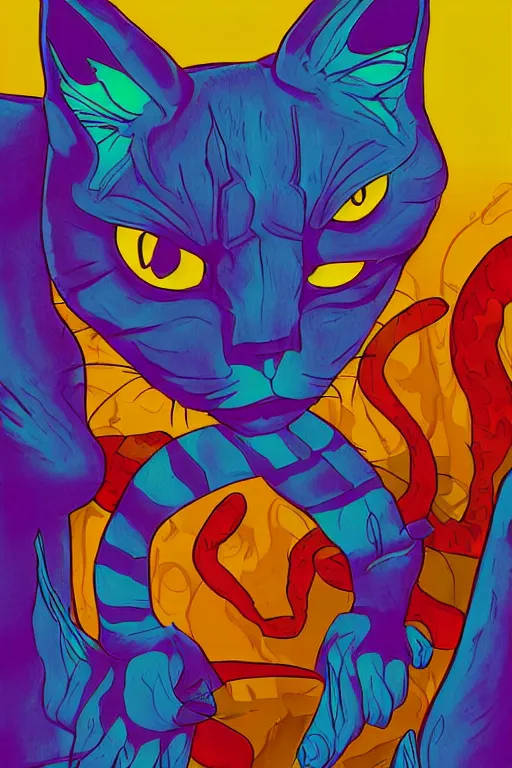 Image similar to demon cat, art by brian miller, colorful, illustration, highly detailed, simple, no jagged lines, smooth