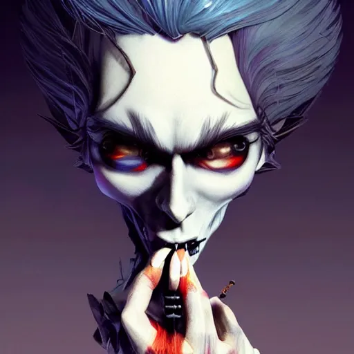 Image similar to Gothic Jimmy Neutron smoking a cigarette, dark background. digital art. amazing quality. perfect lighting. Professional design. Great composition. by Ayami Kojima and Tomoyuki Yamasaki and Tsutomu Nihei, octane render, award winning art. impressive colors. trending on artstation. Brian Froud style