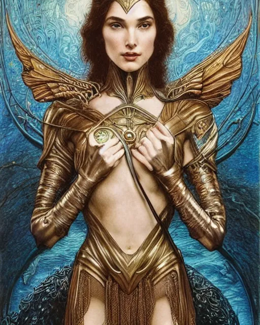 Prompt: in the style of beautiful gal gadot, steampunk, detailed and intricate by jean delville, gustave dore and marco mazzoni, art nouveau, symbolist, visionary, gothic, pre - raphaelite