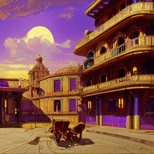 Prompt: painting of syd mead artlilery scifi organic shaped motel with ornate metal work, roman architecture, volumetric lights, purple sun, andreas achenbach