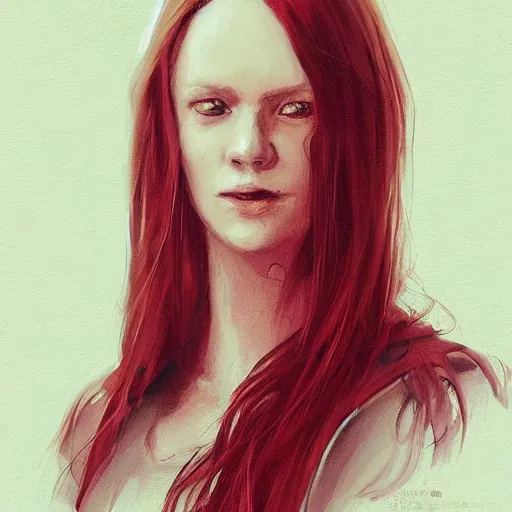 Image similar to Portrait of a woman by Greg Rutkowski, she is about 20 years old, redhead, long straight hair, beautiful oval face, wearing red and black utilitarian jumpsuit, older sister vibes, highly detailed portrait, digital painting, artstation, concept art, smooth, sharp foccus ilustration, Artstation HQ.