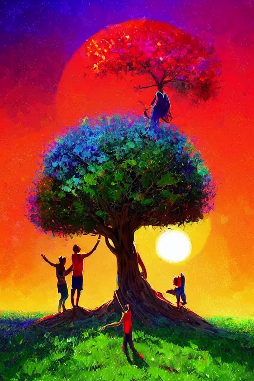 Prompt: two people in jubilant love climb the tree of life as the sun shines brightly, 8 k resolution digital painting, vibrant colors, by michael whelan, byalena aenami, behance hd, trending on artstation deviantart