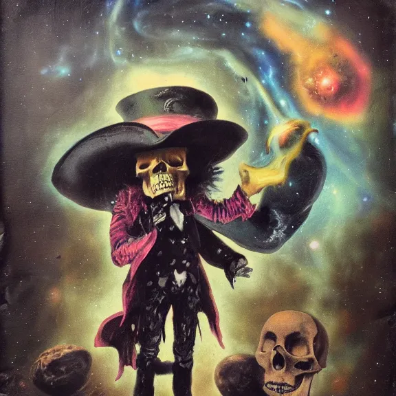 Prompt: grim-hatter, skull cane, voodoo ritual gear, matte painting art from goya and pirner, cursed oil painting, cosmic nebula color tones, camera footage from the cursed mission