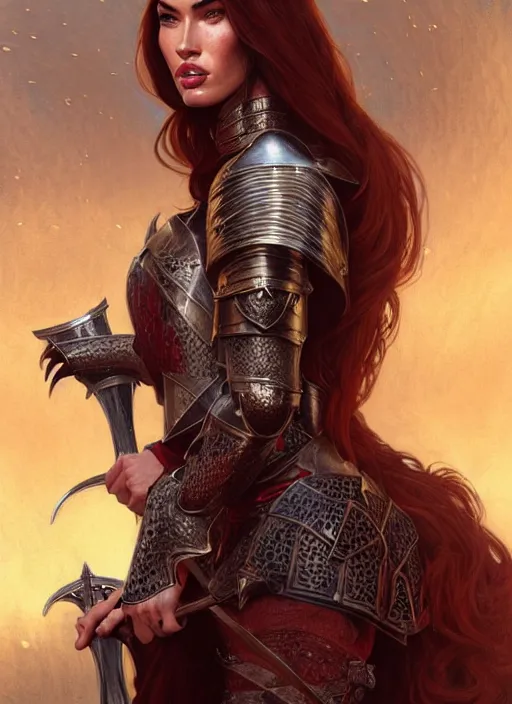 Image similar to portrait of megan fox as a knight, medival armor, redhead, sword, dark ages, intricate, headshot, highly detailed, digital painting, artstation, concept art, sharp focus, cinematic lighting, illustration, art by artgerm and greg rutkowski, alphonse mucha, cgsociety