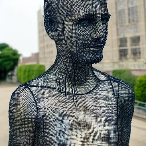Image similar to a human sculpture made out of damaged wired mesh