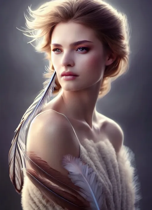 Image similar to a gorgeous female photo, professionally retouched, soft lighting, wearing a feather dress, realistic, smooth face, perfect eyes, wide angle, sharp focus on eyes, 8 k high definition, insanely detailed, intricate, elegant, art by artgerm and greg rutkowski and stefan kostic