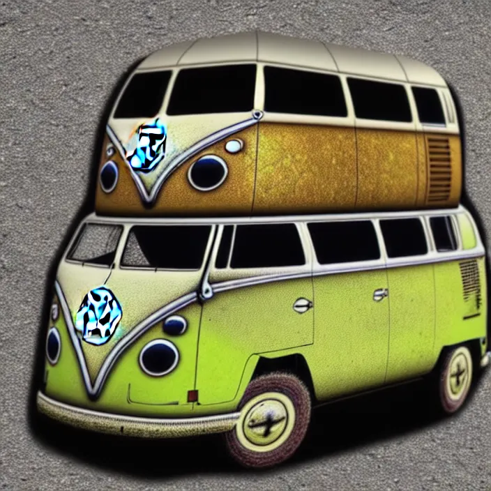 Image similar to ultra - realistic image of an ancient vw bus made of stone