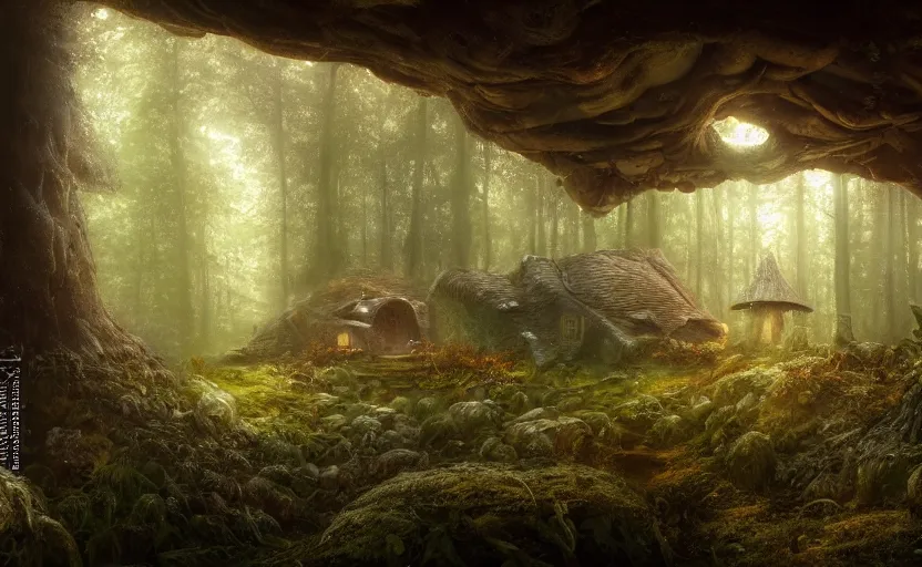 Image similar to A mushroom house in a mushroom, warm light coming from the windows, in a dark forest, macro, cool tones, underexposed, overecast, mysterious matte painting by greg rutkowski and marc simonetti and Ivan Shishkin, 4k