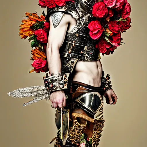 Prompt: a portrait of a beautiful young male wearing an alexander mcqueen armor made of flowers , photographed by andrew thomas huang, artistic