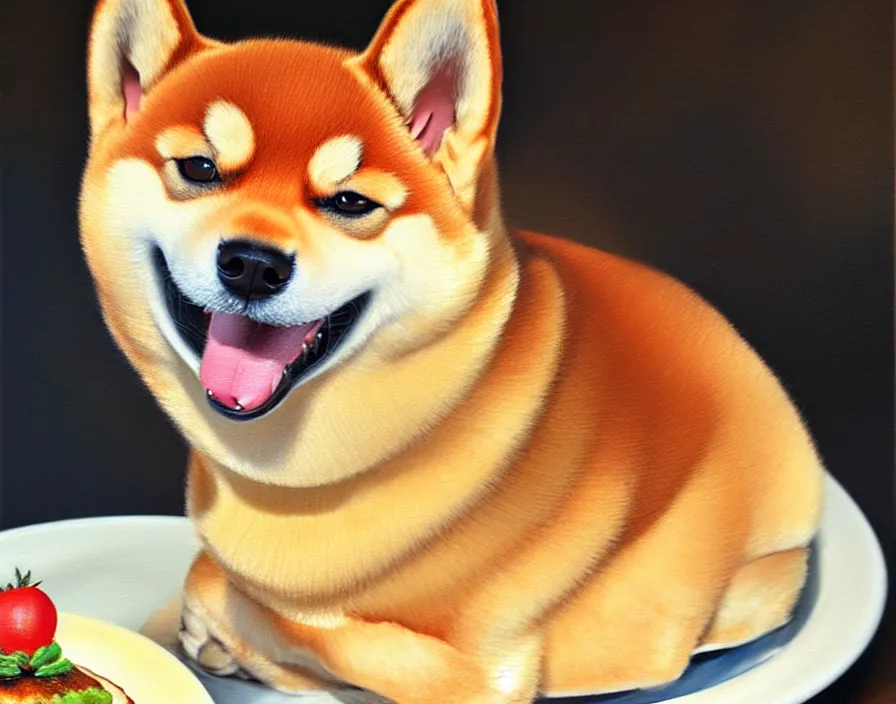 Image similar to a photorealistic painting of a shiba inu as a cheesecake, oil on canvas, highly detailed, pretty