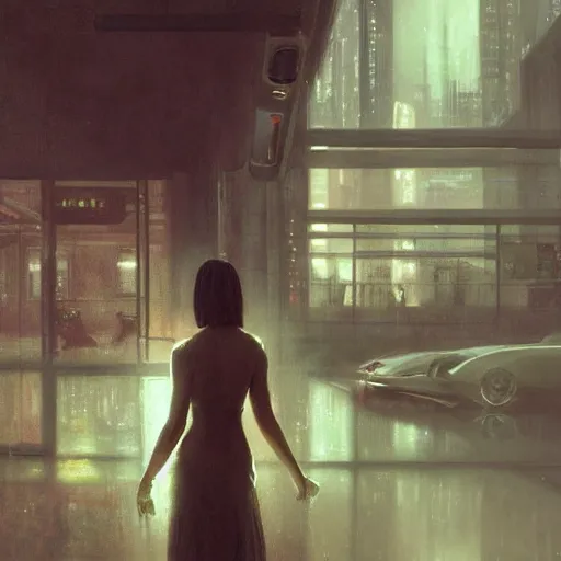 Image similar to detailed portrait of a woman, moment, cyberpunk cloisters, electronic billboards, tech noir, wet reflections, atmospheric, ambient, livia prima, greg rutkowski, edward hopper, pj crook