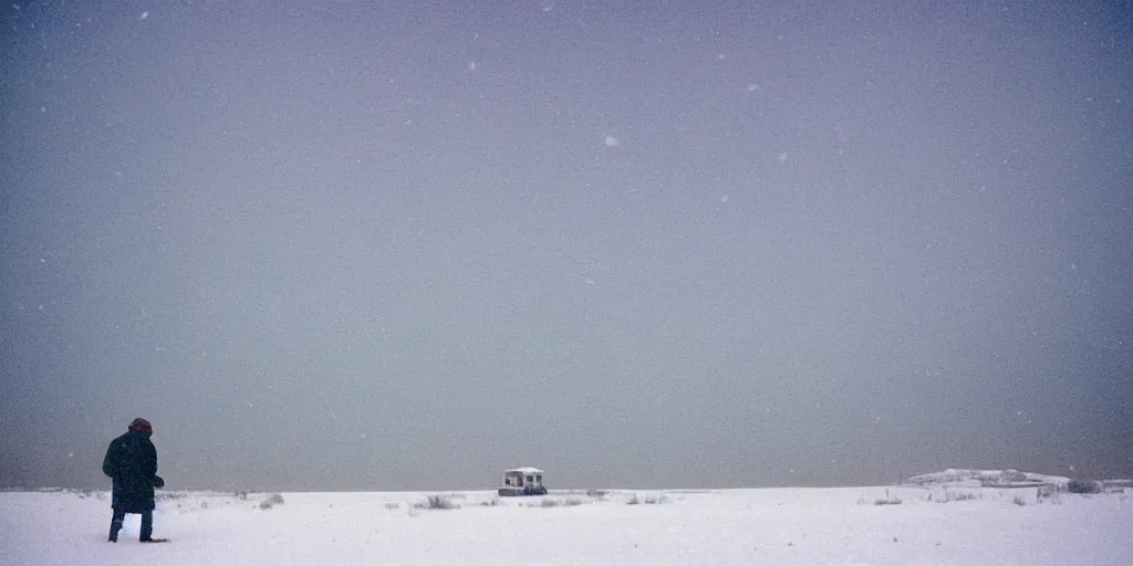 Image similar to photo of shiprock, new mexico during a snowstorm. a old man in a trench coat and a cane appears as a hazy silhouette in the distance, looking back over his shoulder. cold color temperature. blue hour morning light, snow storm. hazy atmosphere. humidity haze. kodak ektachrome, greenish expired film, award winning, low contrast.