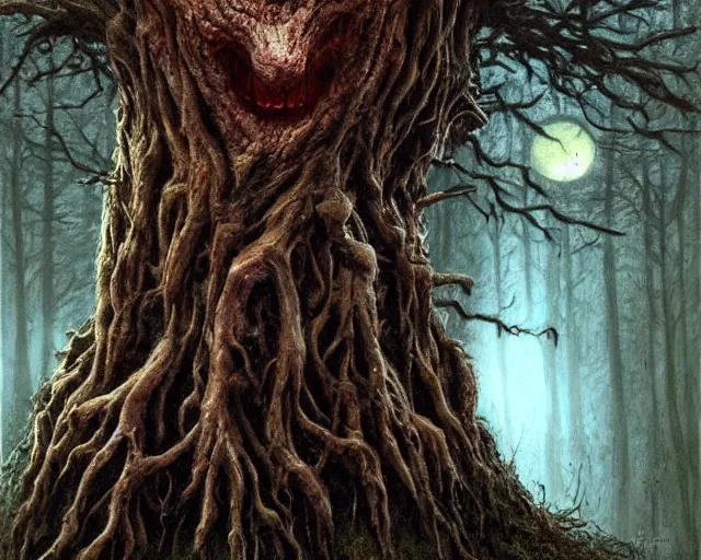 Image similar to a talking oak tree, a face in the bark, eyes in the bark, mouth in the bark, horror fantasy concept art, sharp teeth, digital painting, oil painting, hyperrealistic, treebeard, ent, undead, zombie, monster, moonlight, in the forest, by greg rutkowski by alan lee by artgerm