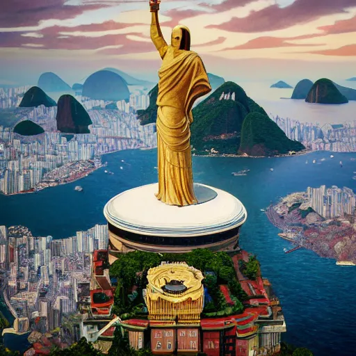 Image similar to a highly detailed picture of, the christo redentor dabbing over rio de janeiro and shouting poggers, ultrawide lens, art by john collier and albert aublet and krenz cushart and artem demura and alphonse mucha, volumetric lighting, octane render, 4 k resolution, trending on artstation, masterpiece