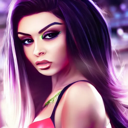 Image similar to portait of haifa wehbe, long hair centred, hd, very detailed curve, unreal engine, sailor moon style, amazing background, rending artstation