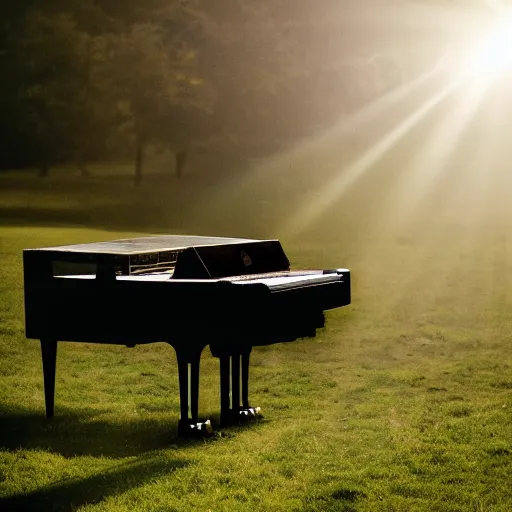 Image similar to a photo of a transparent perspex piano in a field, beams of light, nostalgic