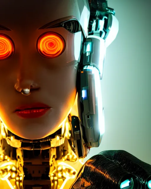 Prompt: photo of sweaty soulful female as a cyberpunk mecha humanoid robotic head and face parts with straight fluorescent lamps surrounding face, sweaty skin dripping down face, ultra - realistic and detailed, long exposure 8 k